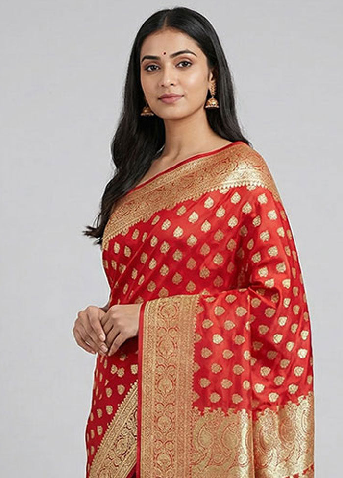 Red Banarasi Silk Saree With Blouse Piece