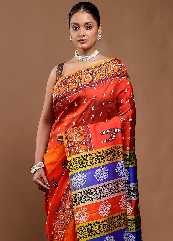 Orange Printed Silk Saree Without Blouse Piece