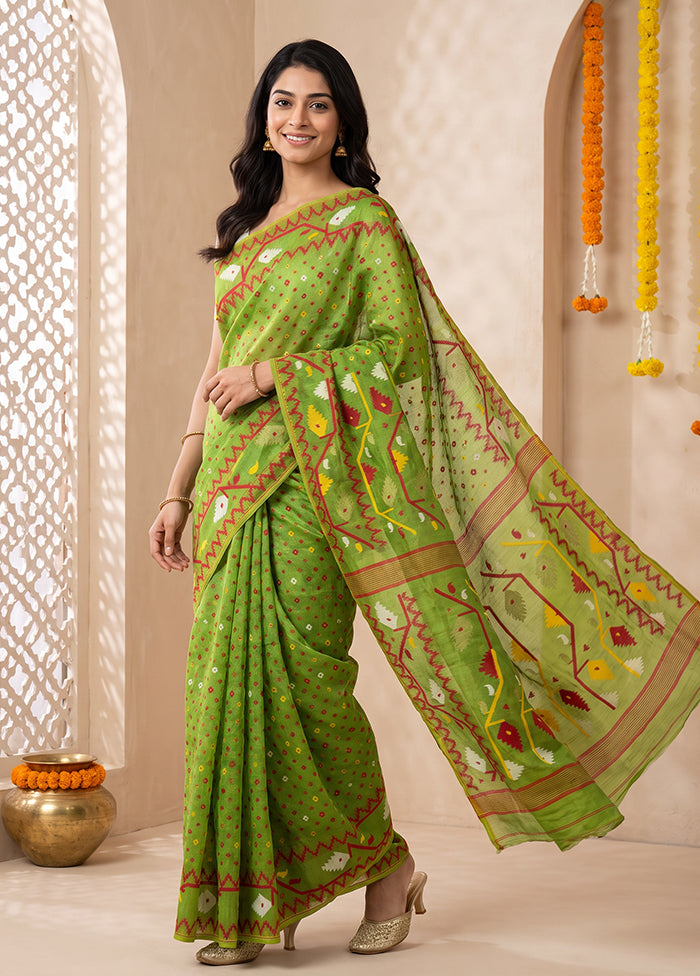 Green Jamdani Cotton Saree Without Blouse Piece