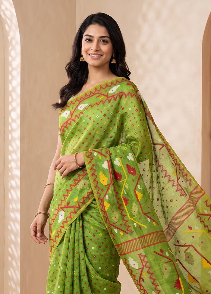 Green Jamdani Cotton Saree Without Blouse Piece