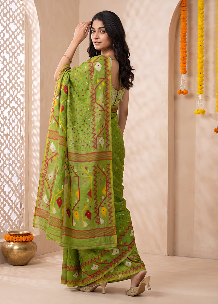 Green Jamdani Cotton Saree Without Blouse Piece