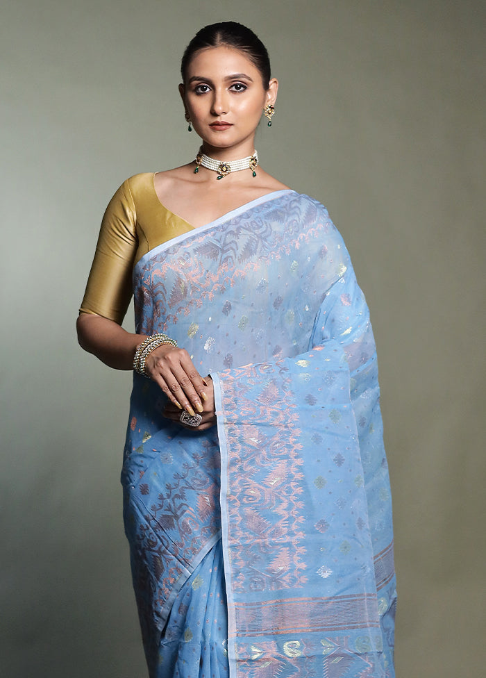 Blue Tant Jamdani Saree Without Blouse Piece