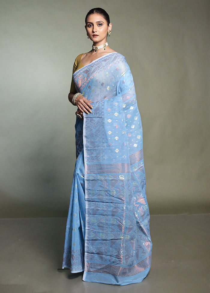 Blue Tant Jamdani Saree Without Blouse Piece