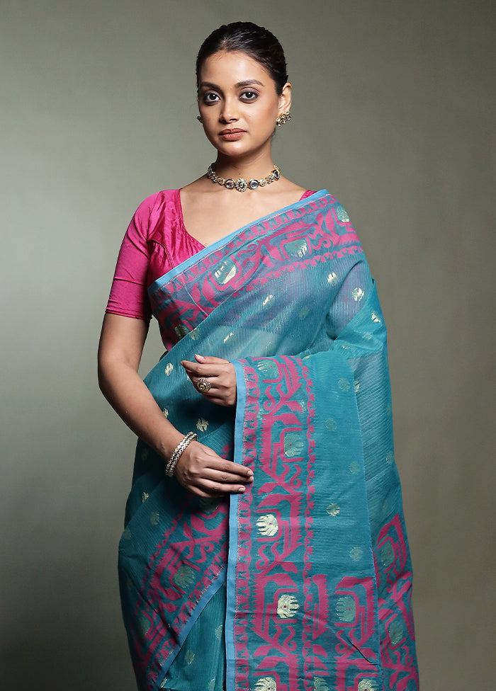 Green Tant Jamdani Saree Without Blouse Piece