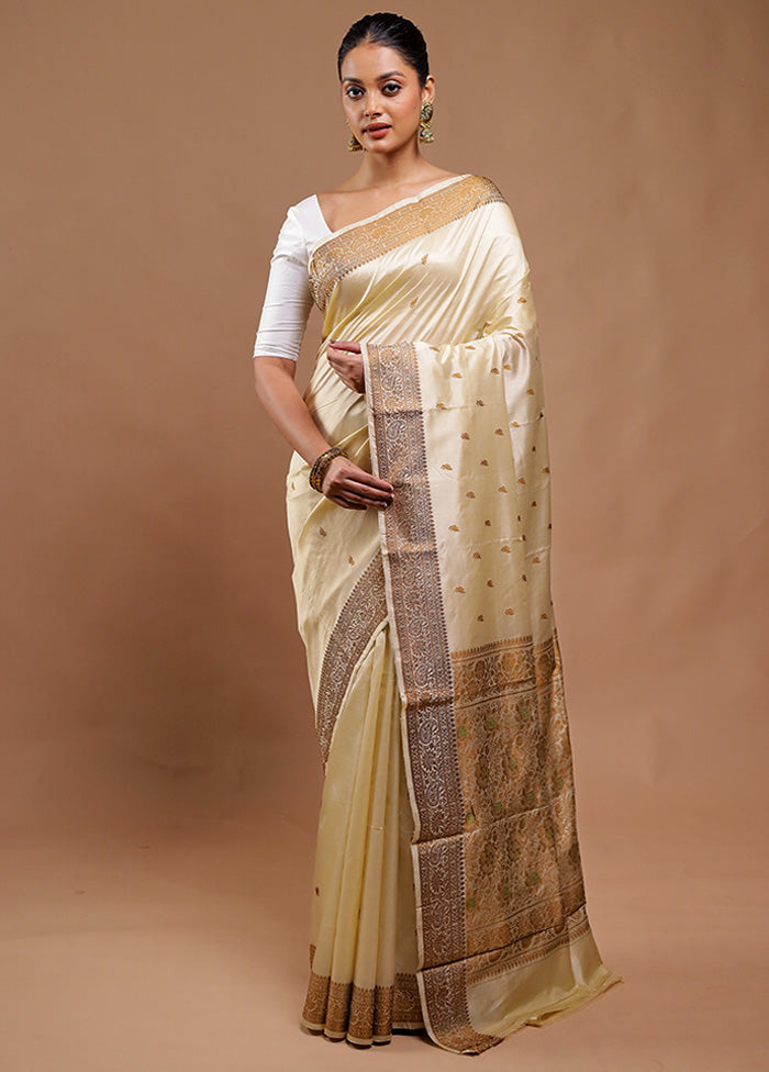 Cream Handloom Katan Pure Silk Saree With Blouse Piece