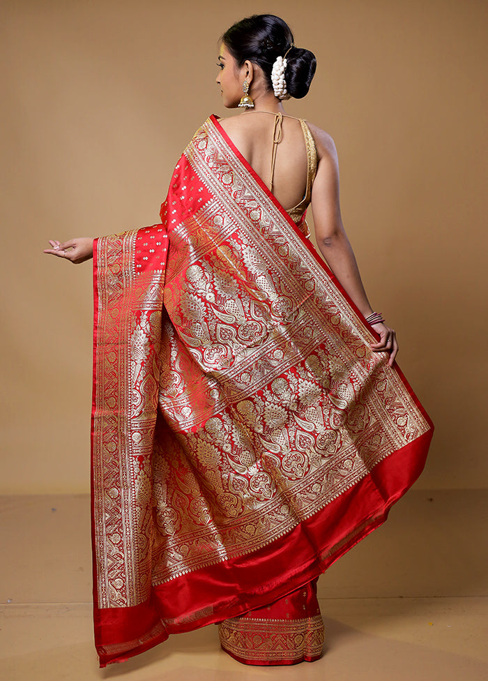 Red Handloom Banarasi Pure Silk Saree With Blouse Piece