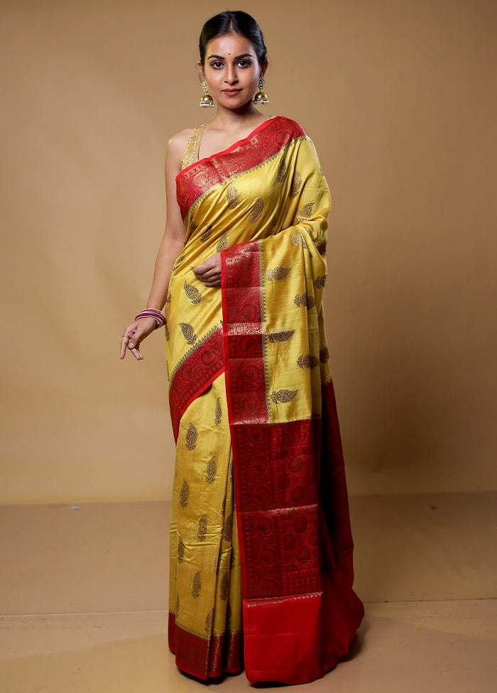 Yellow Handloom Dupion Silk Saree With Blouse Piece