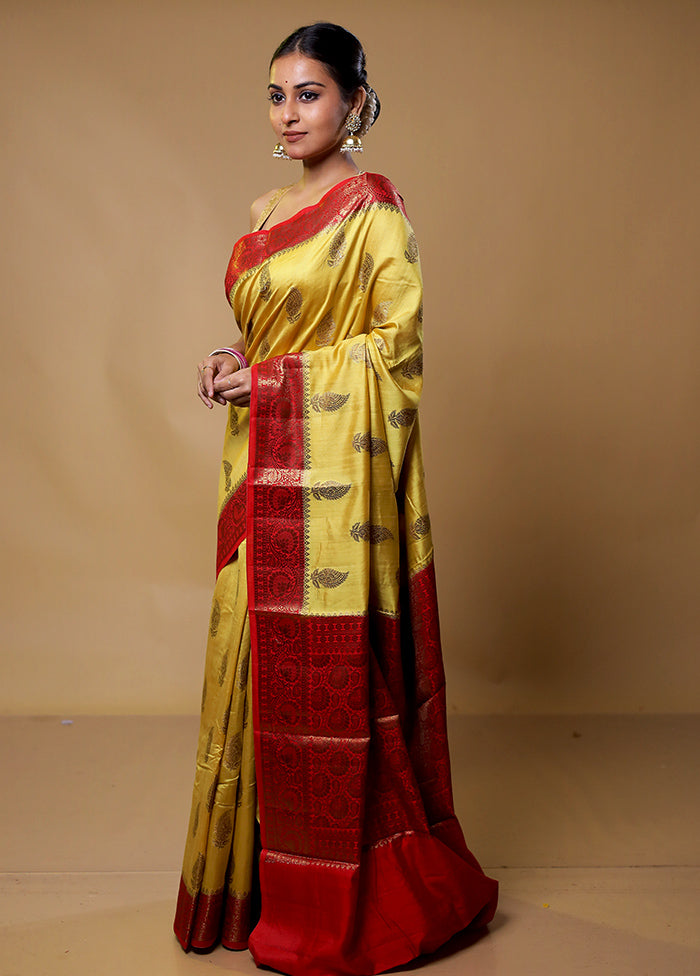 Yellow Handloom Dupion Silk Saree With Blouse Piece