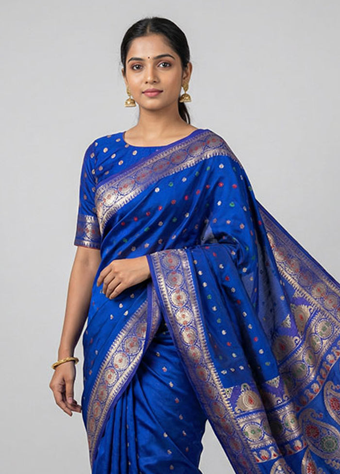 Blue Handloom Baluchari Pure Silk Saree With Blouse Piece