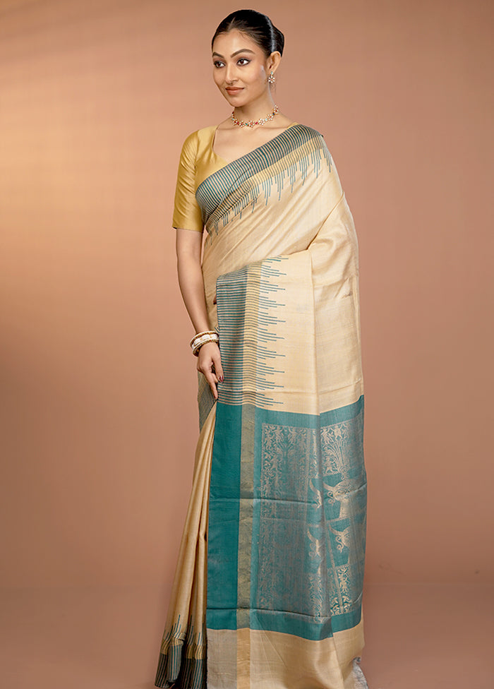 Cream Handloom Tussar Pure Silk Saree With Blouse Piece