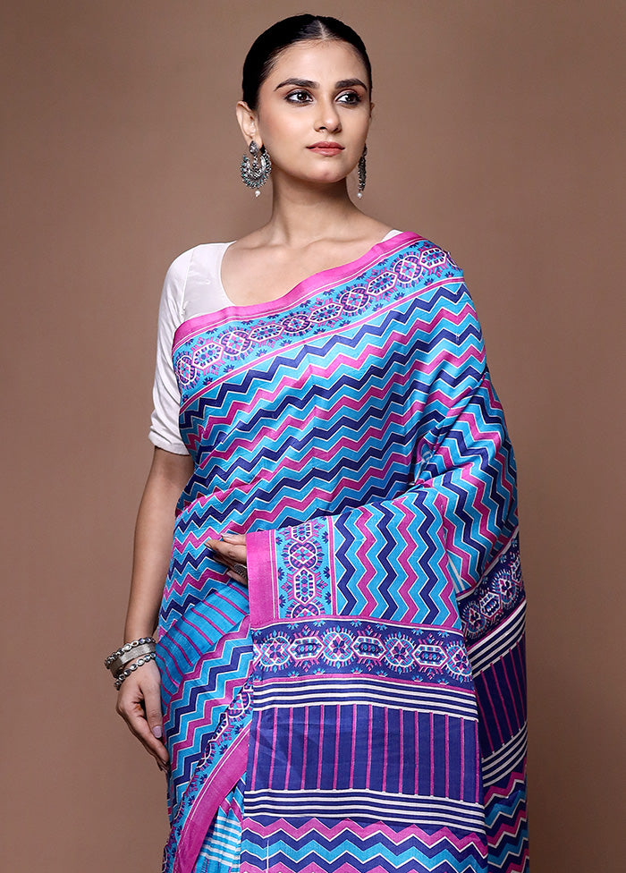 Blue Printed Silk Saree With Blouse Piece