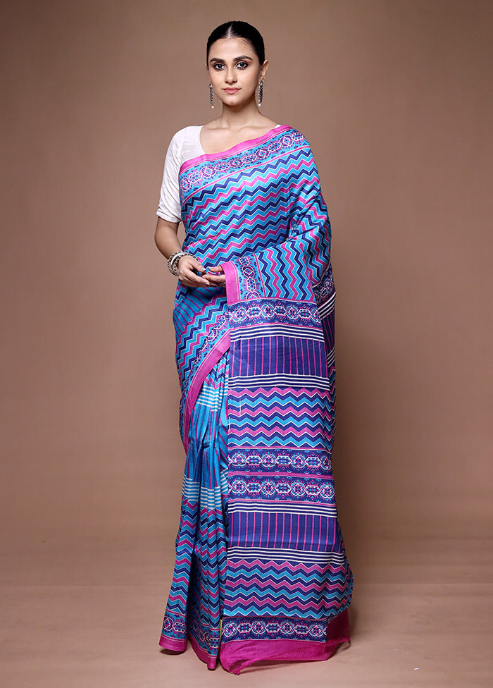 Blue Printed Silk Saree With Blouse Piece