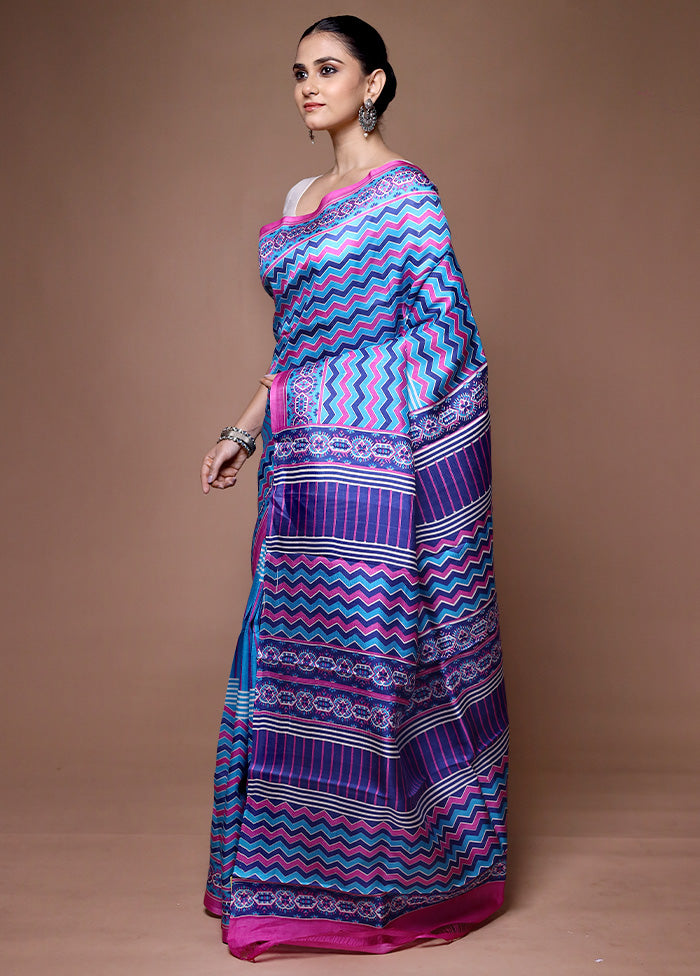 Blue Printed Silk Saree With Blouse Piece
