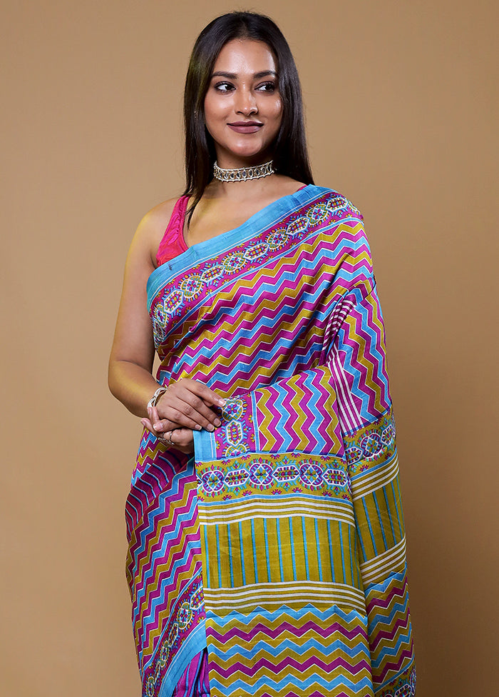 Purple Printed Silk Saree Without Blouse Piece