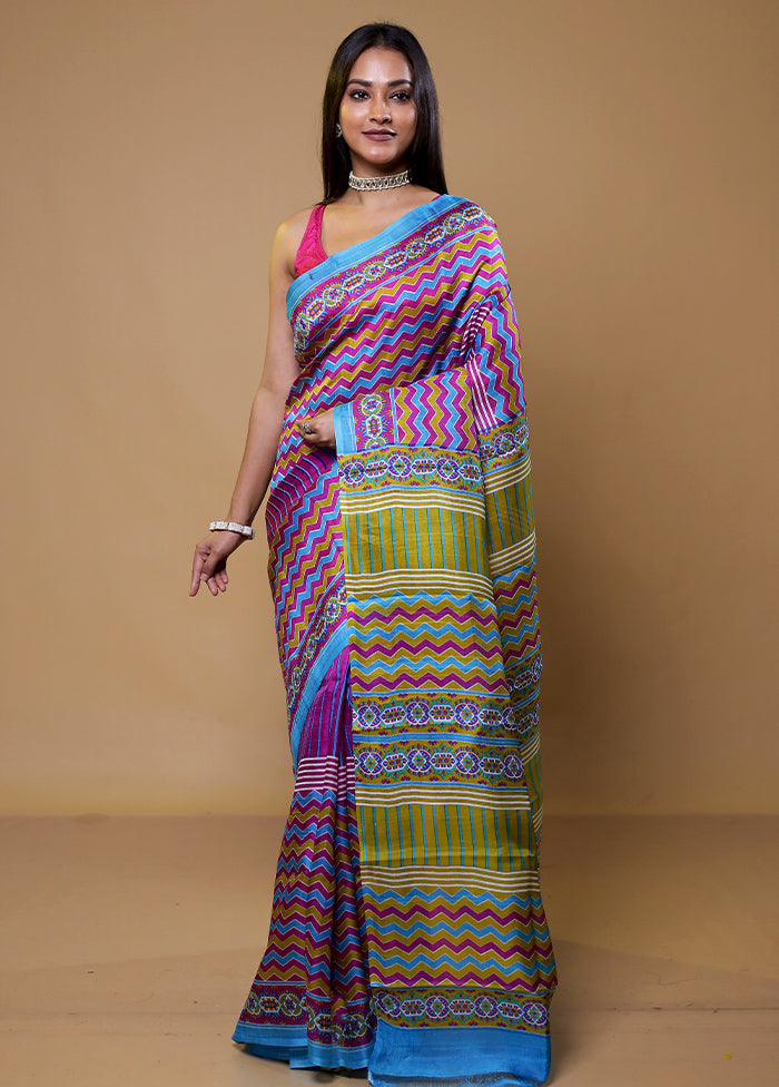 Purple Printed Silk Saree Without Blouse Piece