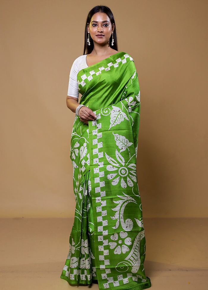 Green Printed Silk Saree Without Blouse Piece