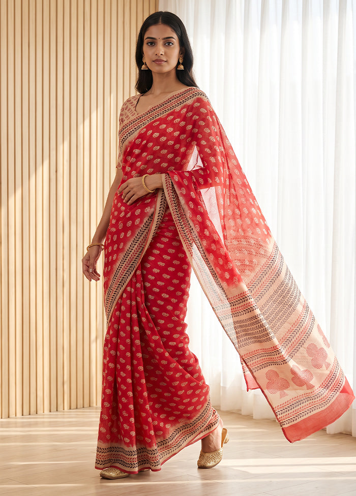 Red Printed Pure Silk Saree Without Blouse Piece