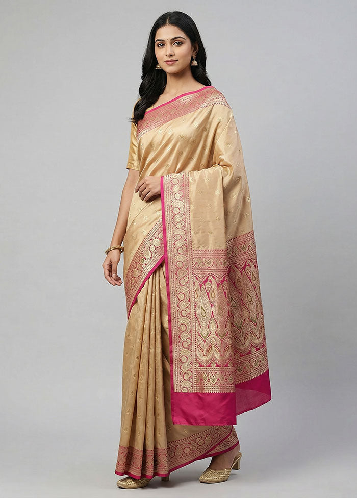 Cream Handloom Banarasi Pure Silk Saree With Blouse Piece