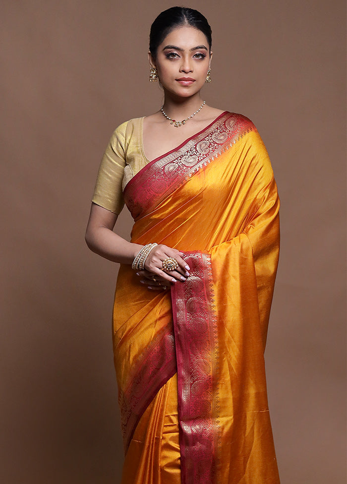 Yellow Dupion Silk Saree With Blouse Piece
