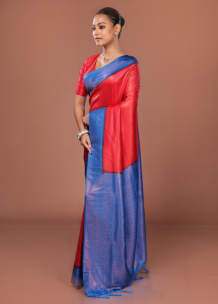 Red Dupion Silk Saree With Blouse Piece