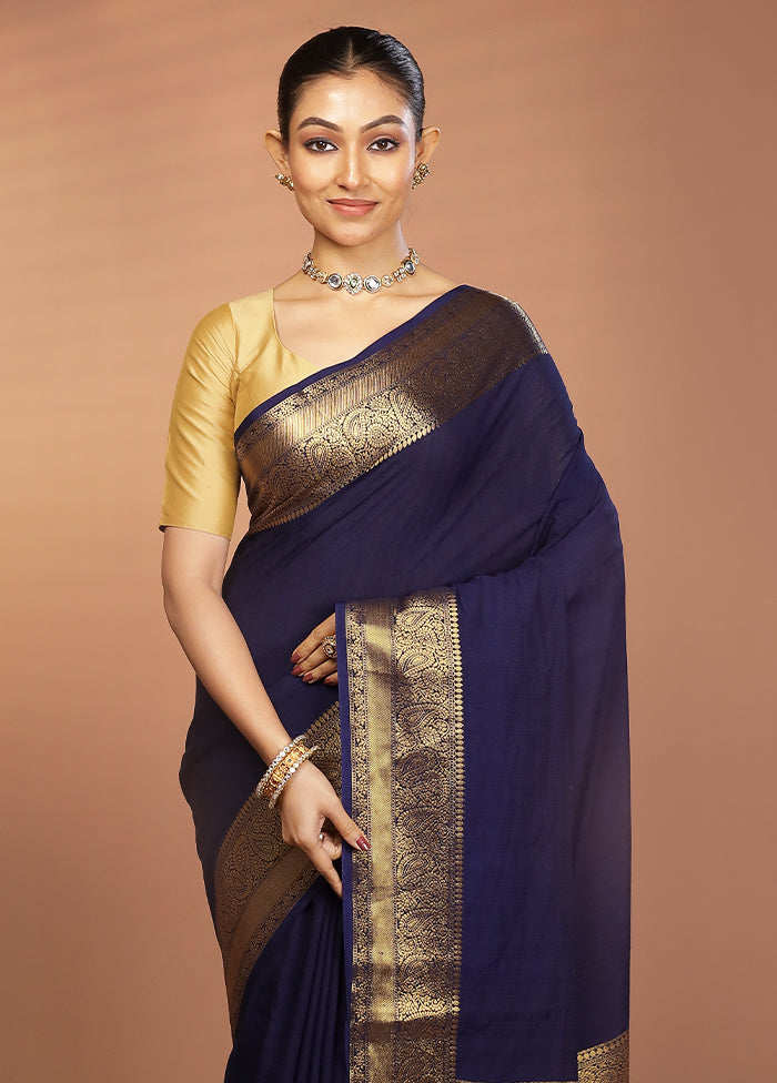 Blue Dupion Silk Saree With Blouse Piece