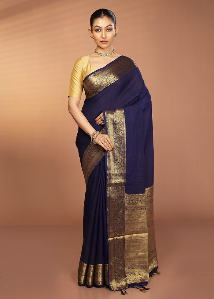 Blue Dupion Silk Saree With Blouse Piece
