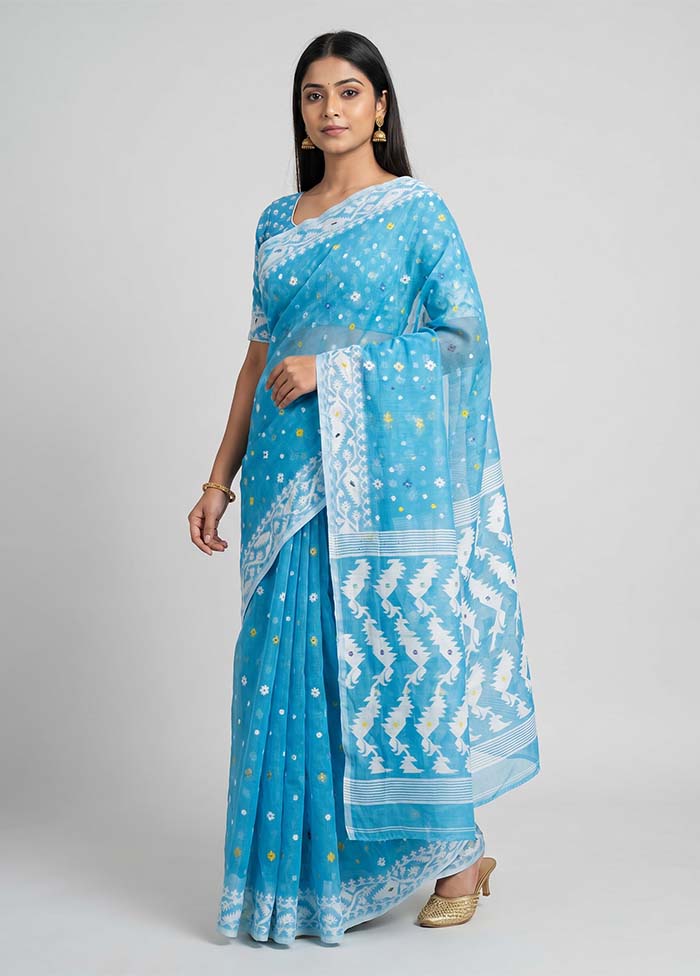 Blue Jamdani Cotton Saree Without Blouse Piece