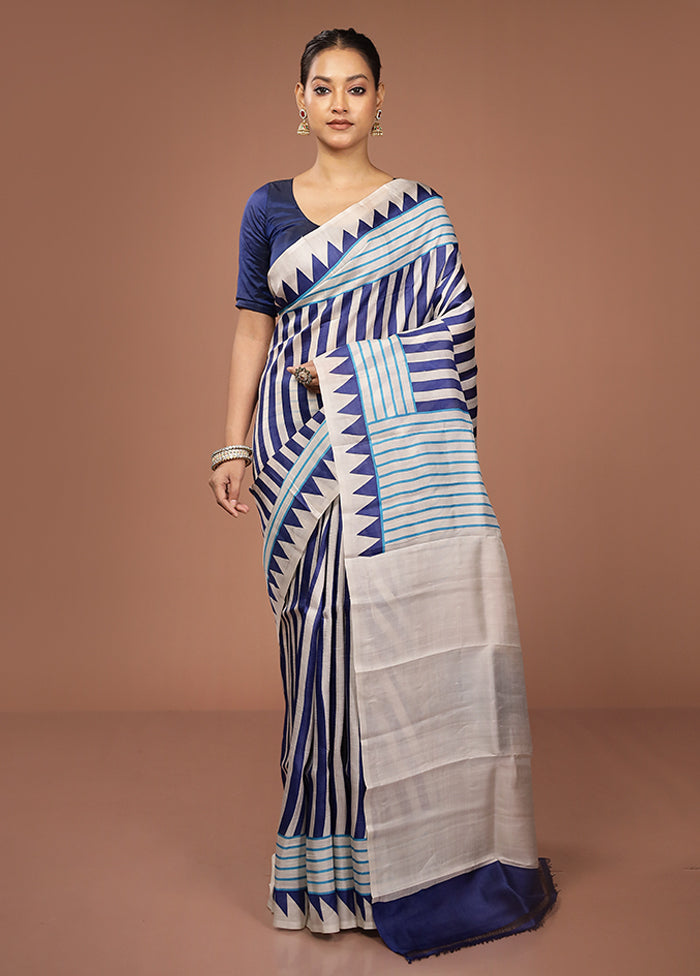 Blue Printed Pure Silk Saree Without Blouse Piece