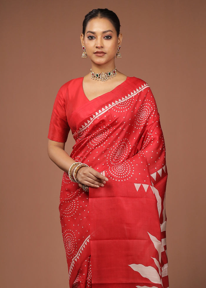 Red Printed Pure Silk Saree Without Blouse Piece