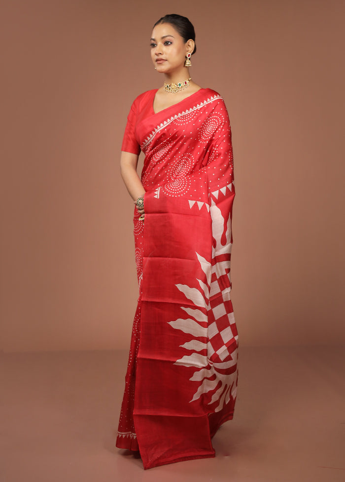 Red Printed Pure Silk Saree Without Blouse Piece