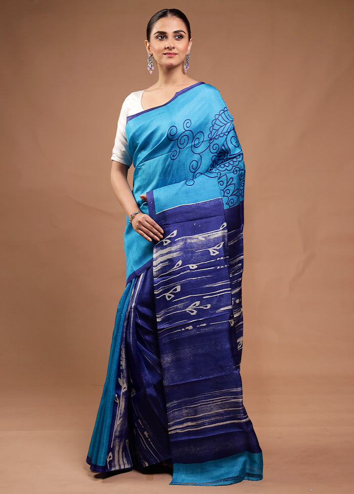 Blue Printed Silk Saree Without Blouse Piece