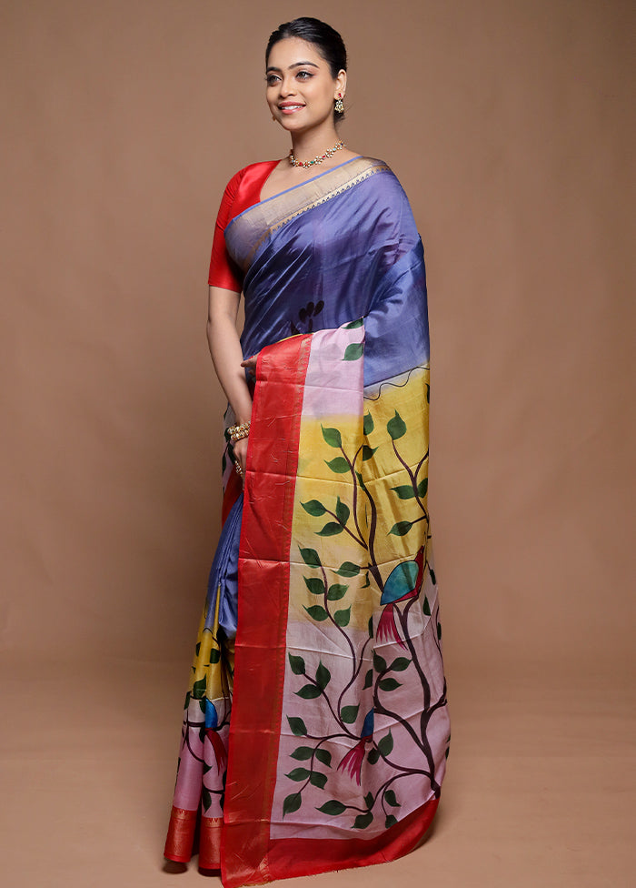 Blue Printed Silk Saree Without Blouse Piece