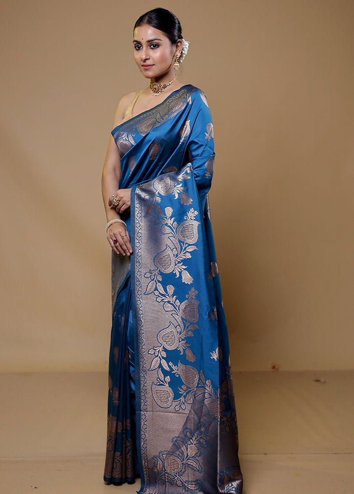 Blue Dupion Silk Saree With Blouse Piece