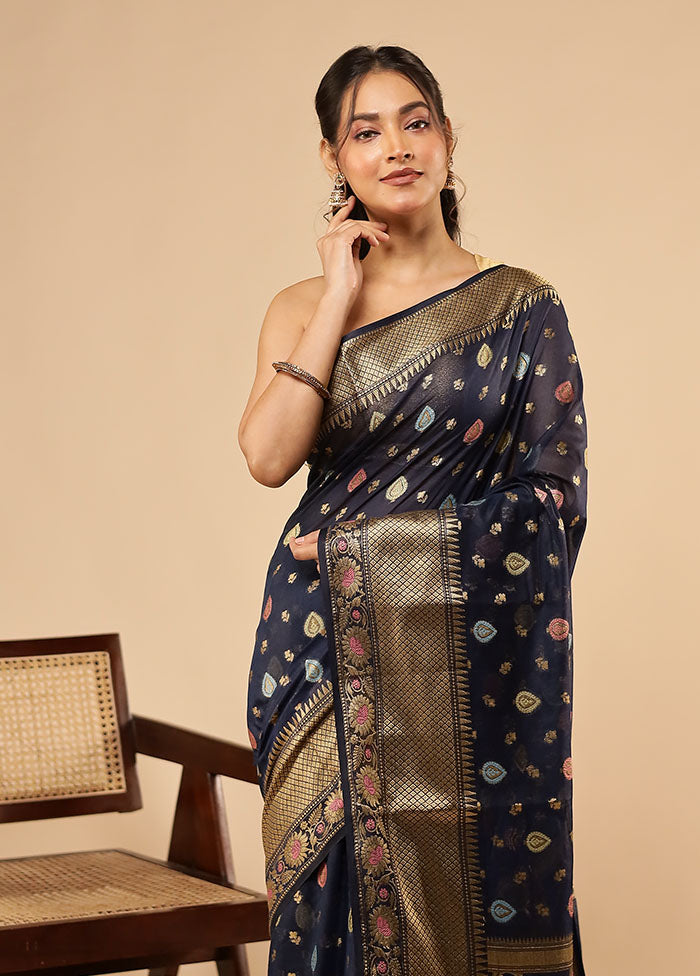 Blue Dupion Silk Saree With Blouse Piece