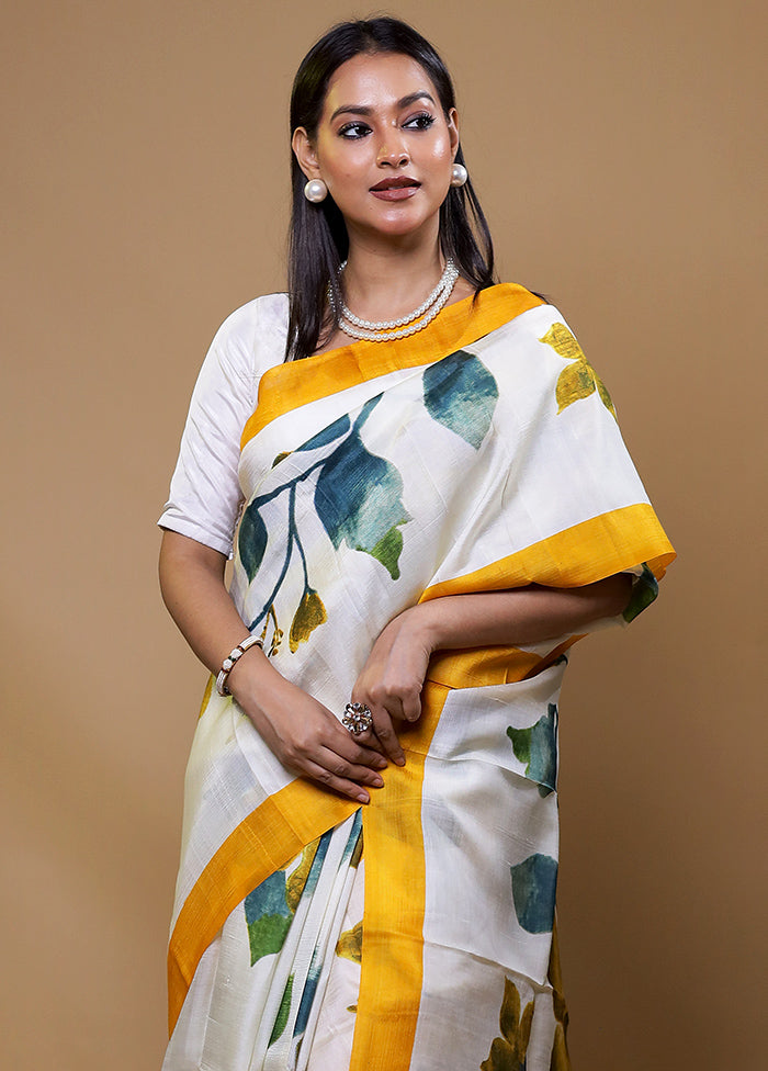 White Printed Silk Saree Without Blouse Piece