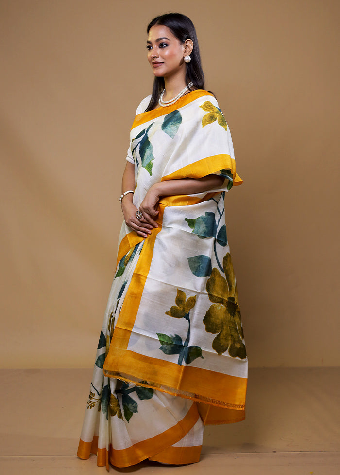 White Printed Silk Saree Without Blouse Piece