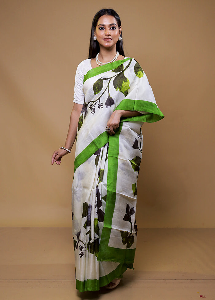 White Printed Silk Saree Without Blouse Piece