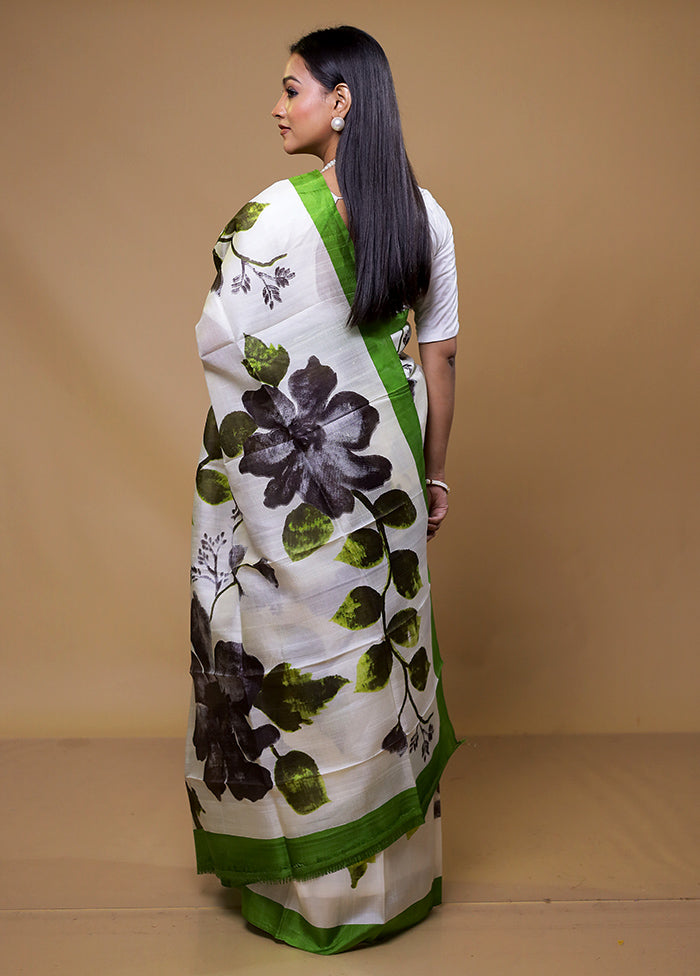 White Printed Silk Saree Without Blouse Piece