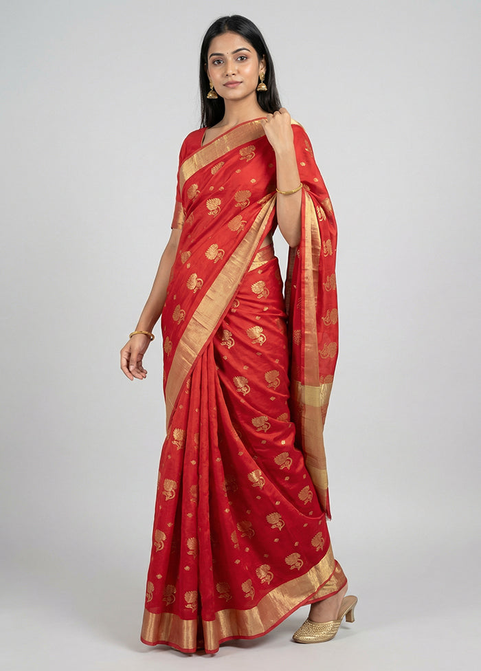 Red Chanderi Silk Saree With Blouse Piece