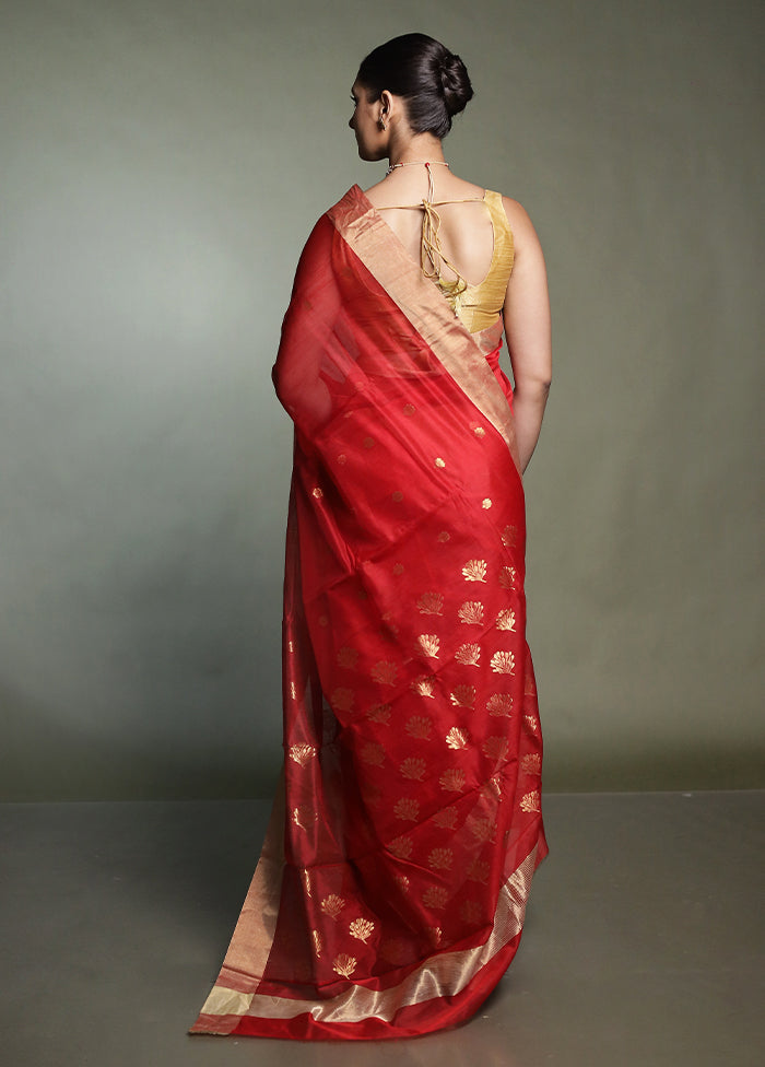 Red Chanderi Cotton Saree With Blouse Piece