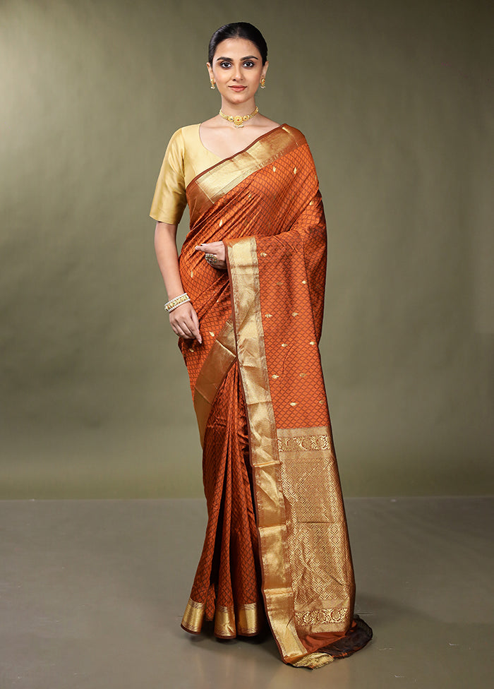 Rust Kanjivaram Silk Saree With Blouse Piece