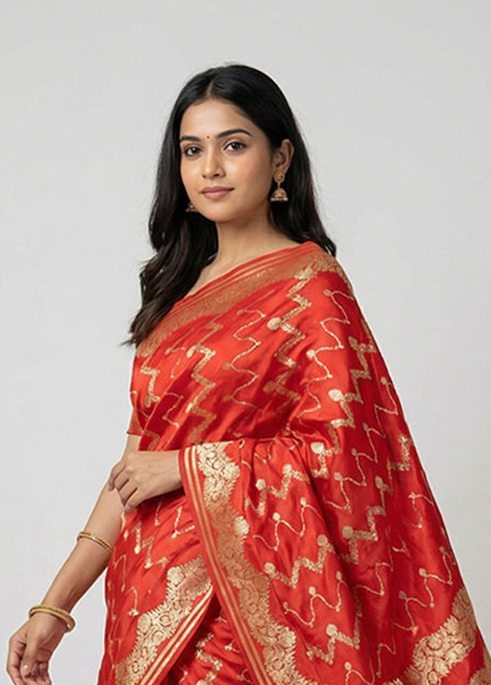 Red Banarasi Silk Saree With Blouse Piece