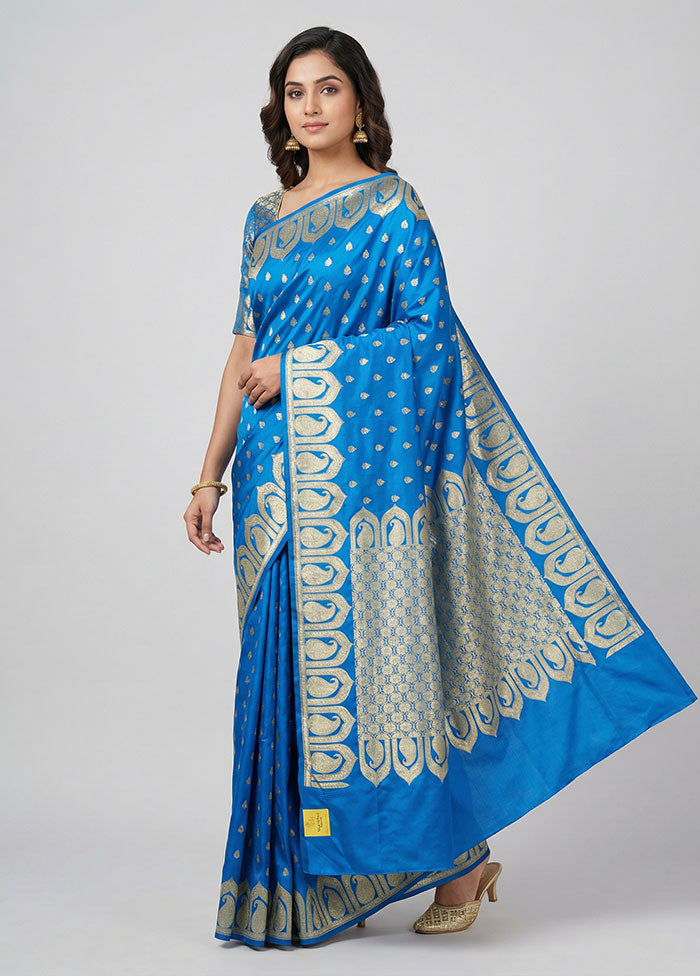 Blue Banarasi Silk Saree With Blouse Piece