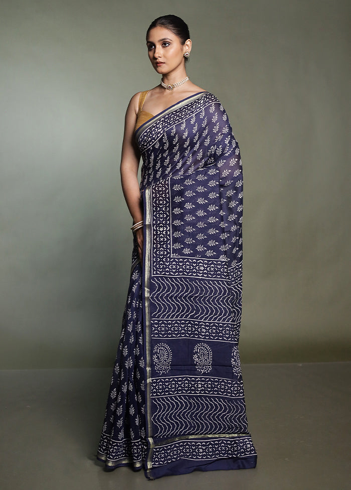 Blue Chanderi Cotton Saree With Blouse Piece