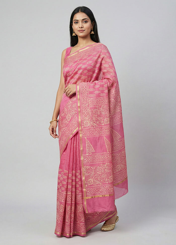 Pink Chanderi Silk Saree With Blouse Piece