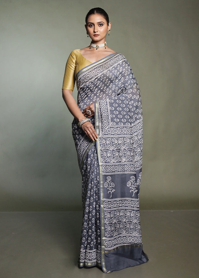 Grey Chanderi Cotton Saree With Blouse Piece