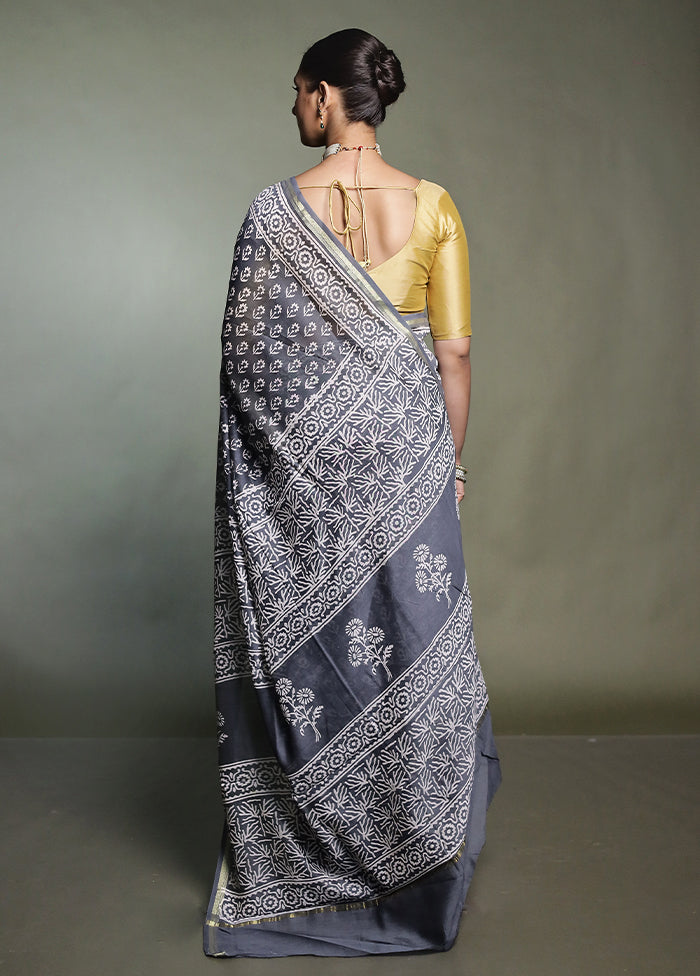 Grey Chanderi Cotton Saree With Blouse Piece