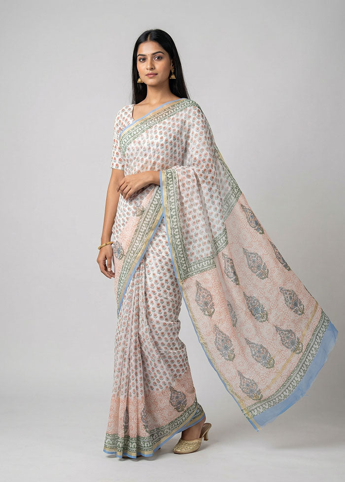 White Chanderi Silk Saree With Blouse Piece