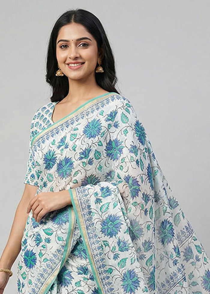 White Chanderi Silk Saree With Blouse Piece