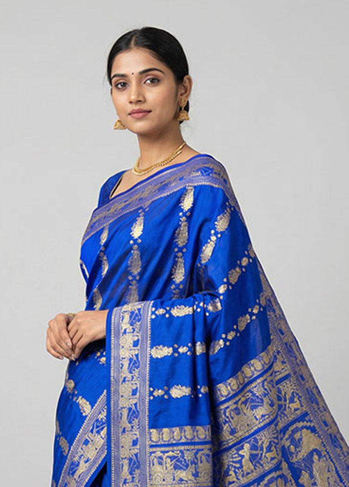 Blue Handloom Baluchari Pure Silk Saree With Blouse Piece